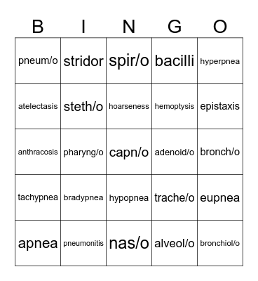 Respiratory System Bingo Card