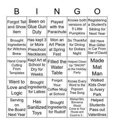 Fort Collins Preschool Parent BINGO Card