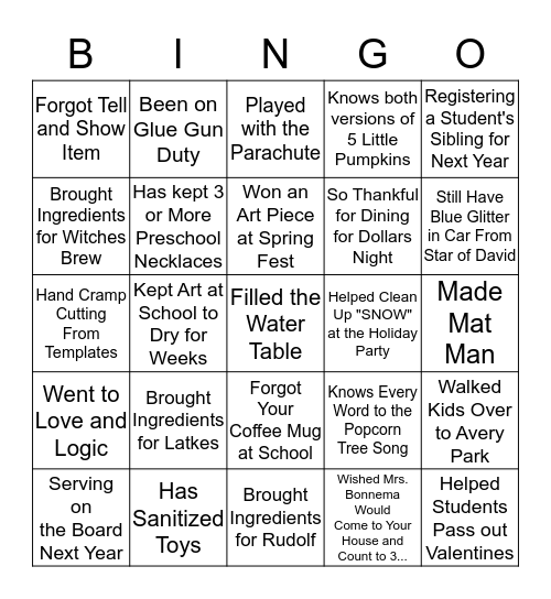 Fort Collins Preschool Parent BINGO Card