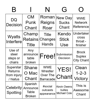 Wrestlemania Bingo Card