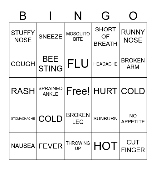 SYMPTOMS Bingo Card