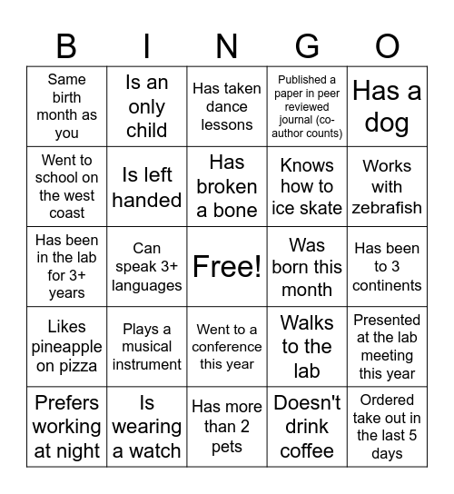 Boyden Lab Bingo Card