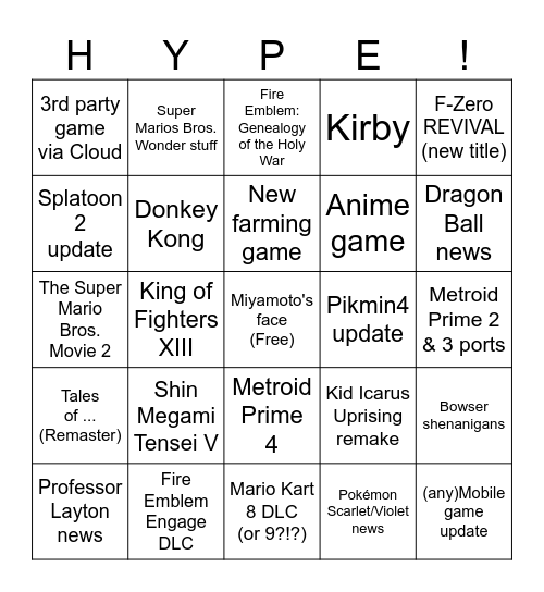 Nintendo Direct 09/2023 Bingo Card