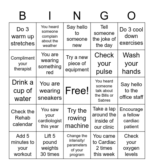 Cardiac Rehab Bingo Card