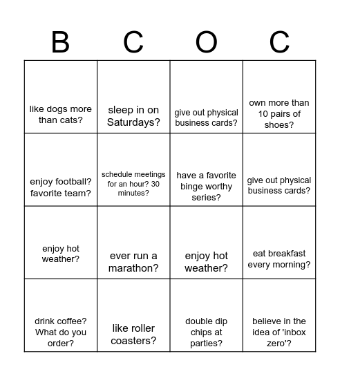 Network Power Hour Bingo Card
