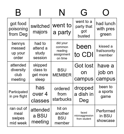 BSU Bingo Card