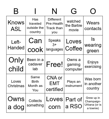 Pre Health Ambassadors Bingo Card