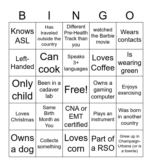 Pre Health Ambassadors Bingo Card