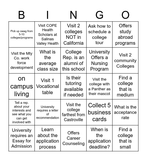 College & Career Fair Bingo Card