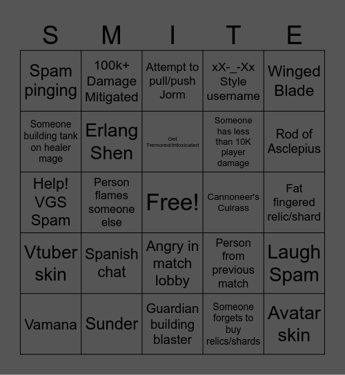 SMITE Bingodingobongo Bingo Card