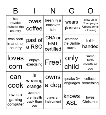 Pre-Health Student Ambassador Bingo Card