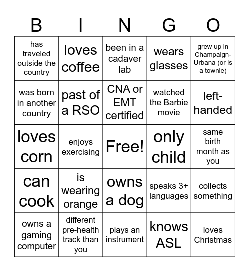 Pre-Health Student Ambassador Bingo Card