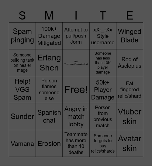 SMITE Bingodingobongo Bingo Card