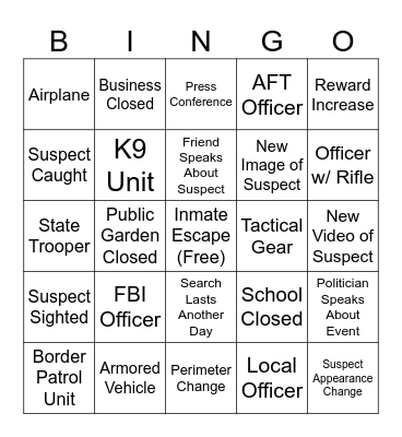 Inmate Escape Bingo Card
