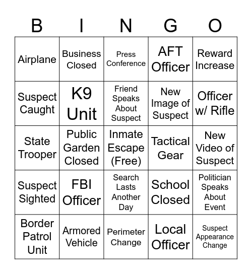 Inmate Escape Bingo Card