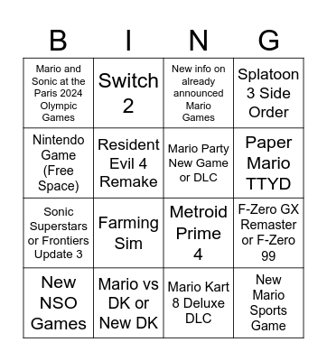 September Nintendo Direct Bingo Card