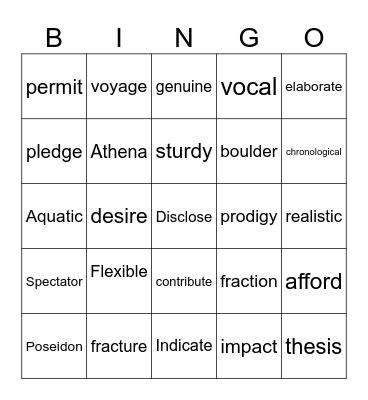 January Vocab Bingo Card