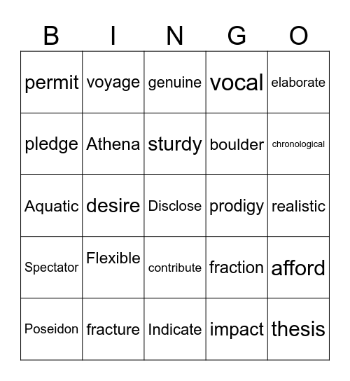 January Vocab Bingo Card