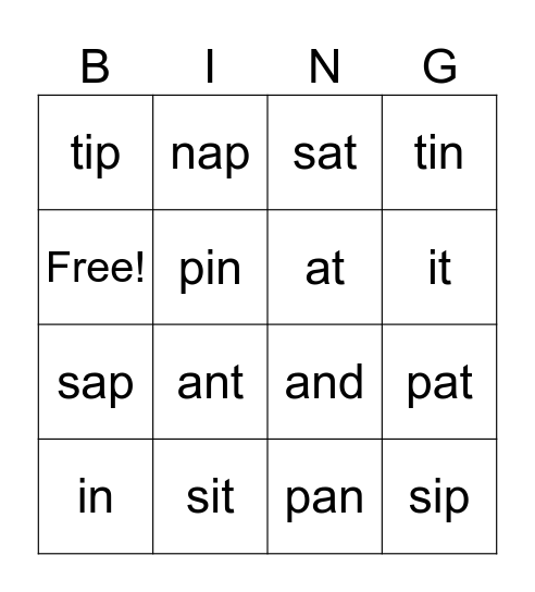 phase 1 words 3 letter words Bingo Card