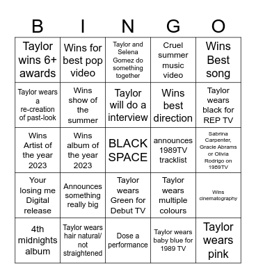 VMAs 2023 Taylor Swift predictions Bingo Card