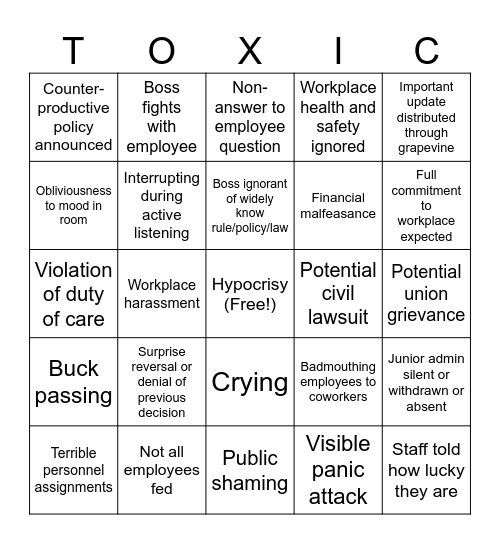 Toxic workplace bingo Card