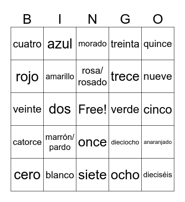 Números & Colores Bingo Card