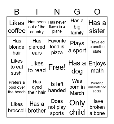 Getting to know each other Bingo Card