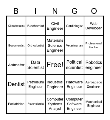 STEM CAREERS BINGO Card