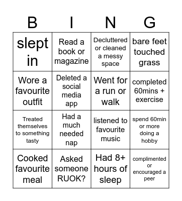 RUOK DAY self-care BINGO Card