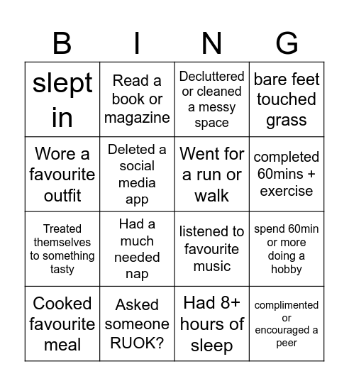 RUOK DAY self-care BINGO Card