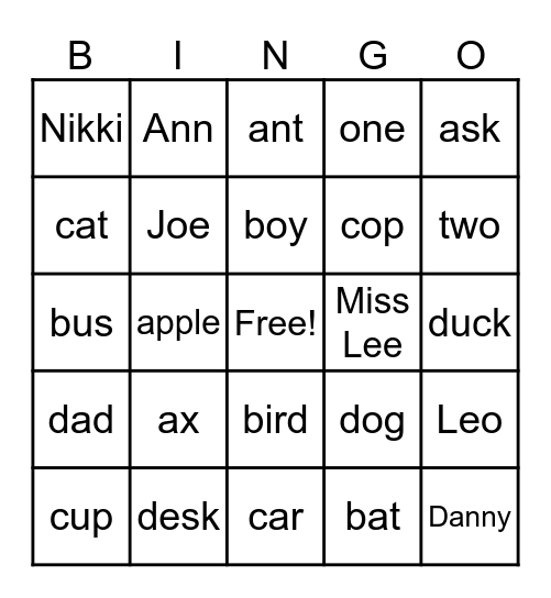 English Bingo Card