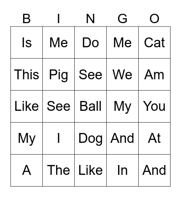 Sight Words Bingo Card