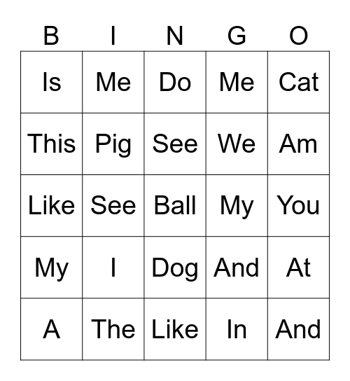 Sight Words Bingo Card