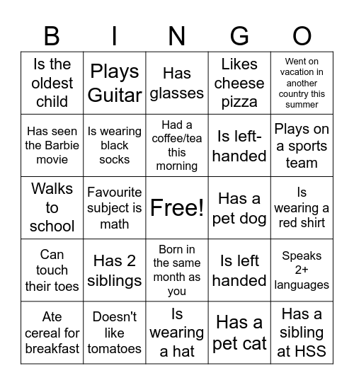 Find a Classmate Who... Bingo Card