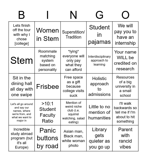 College Tour Bingo Card