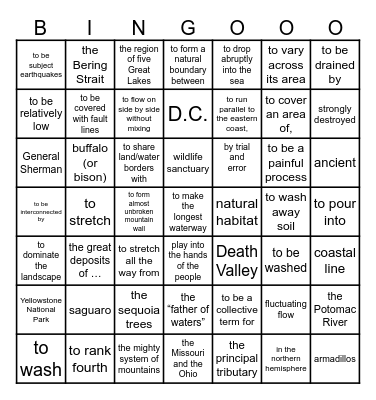 US Geography Bingo Card