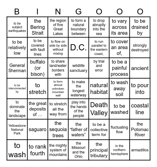 US Geography Bingo Card