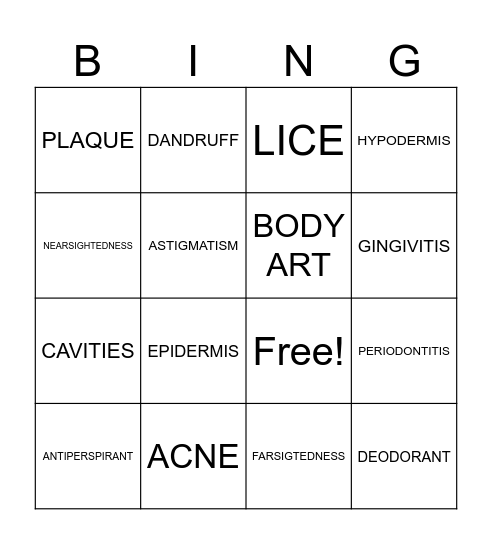 Personal Hygiene Bingo Card Bingo Card