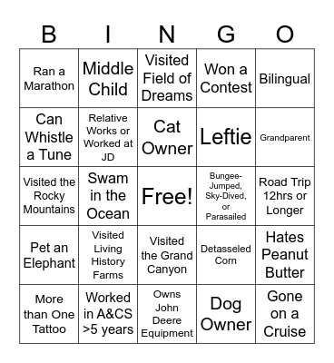 JD Team Bingo Card