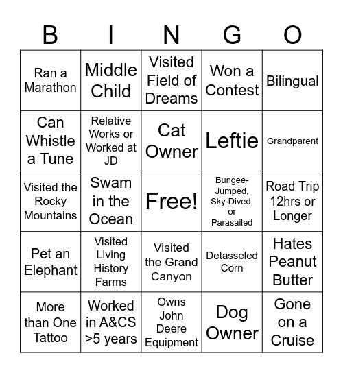 JD Team Bingo Card