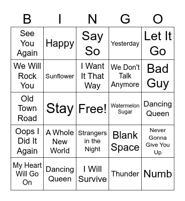 Pop Music Bingo Card