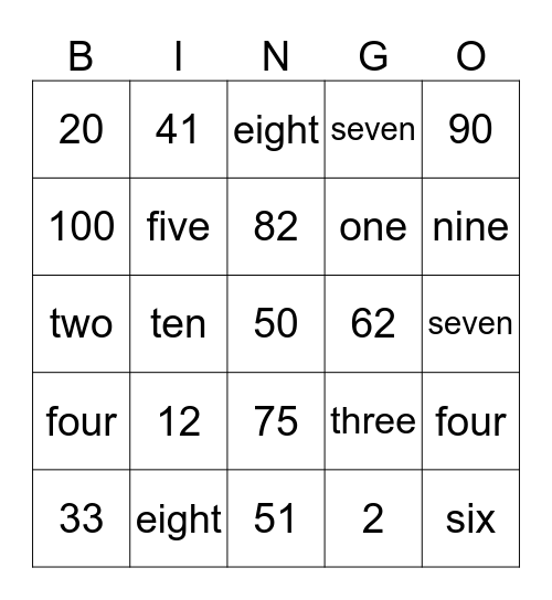 Numbers 1-10 Bingo Card