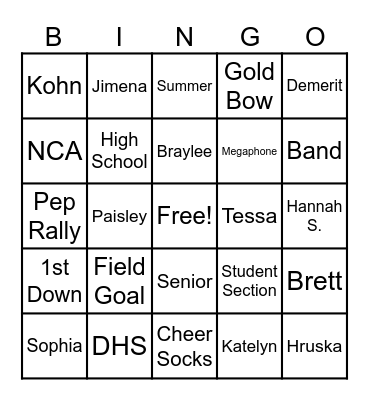 DHS Cheer Bingo Card