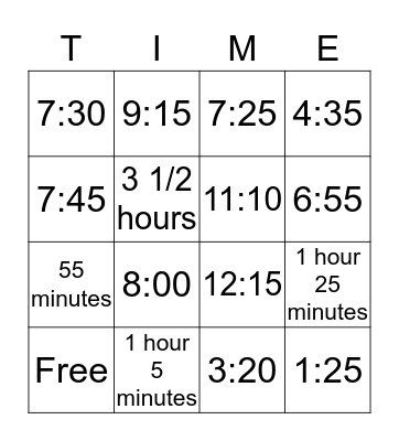 Elapsed Time Sports Bingo Card