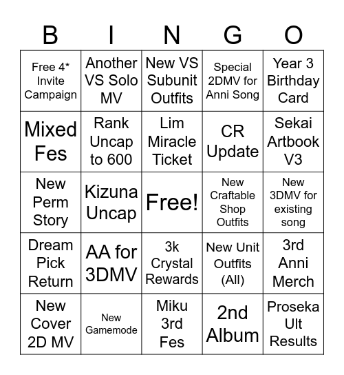 Aida's Sekai 3rd Anniversary Bingo Card