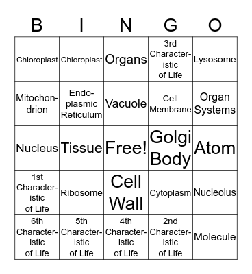 Cell Organelles Bingo Card