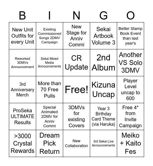 Project Sekai 3rd Anni Bingo Card