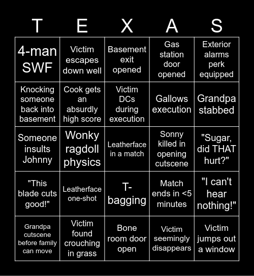 The Texas Bingo Massacre Bingo Card