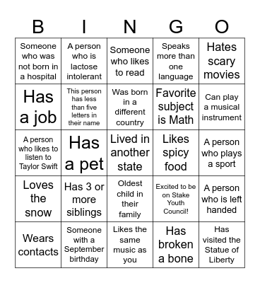 Stake Youth Council Bingo 2023-2024 Bingo Card