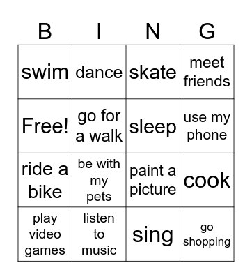 free time vocabulary Bingo Card